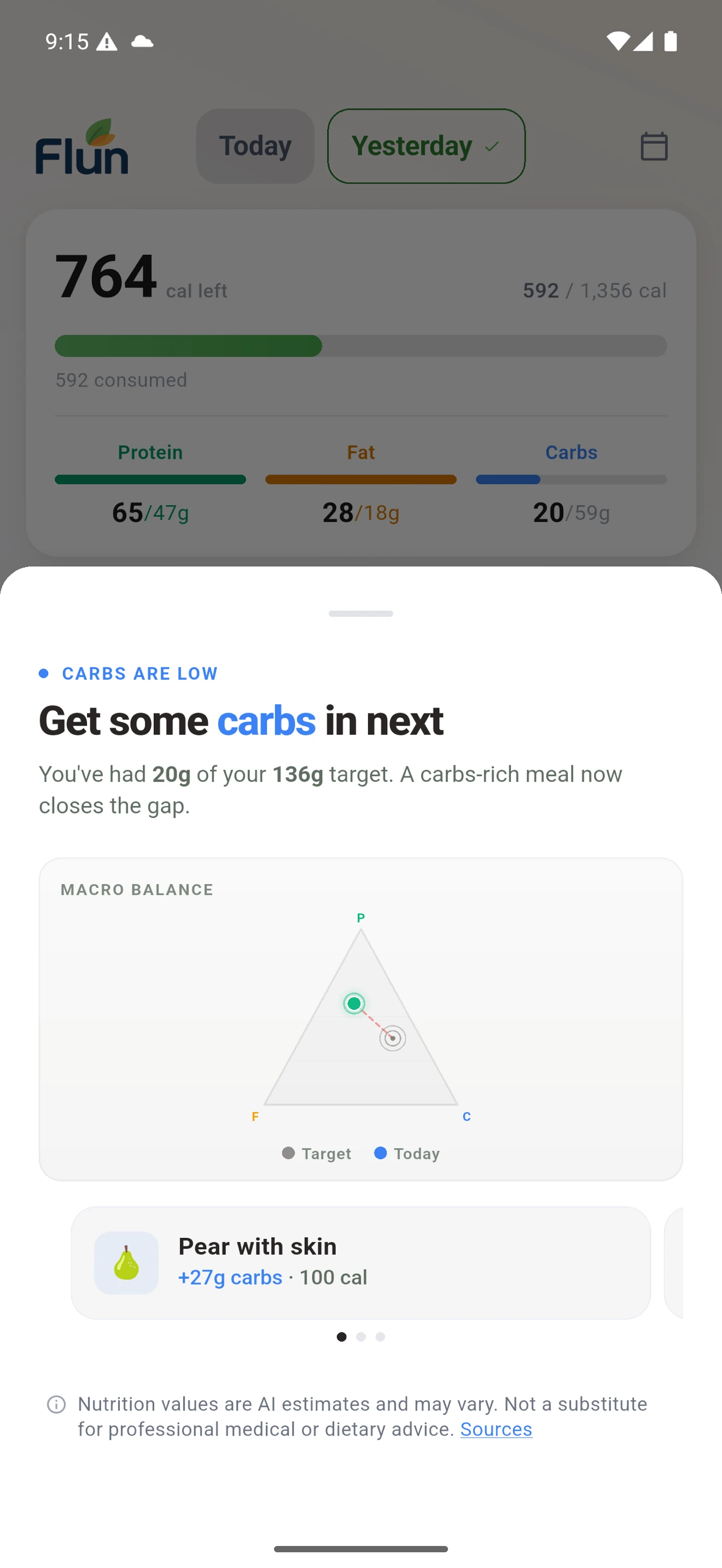 Flun macro balance screen showing protein, fat, and carb targets