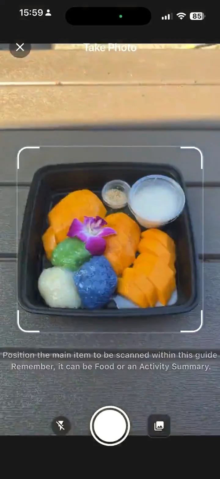 Flun's camera framing a box of mango sticky rice before taking the photo