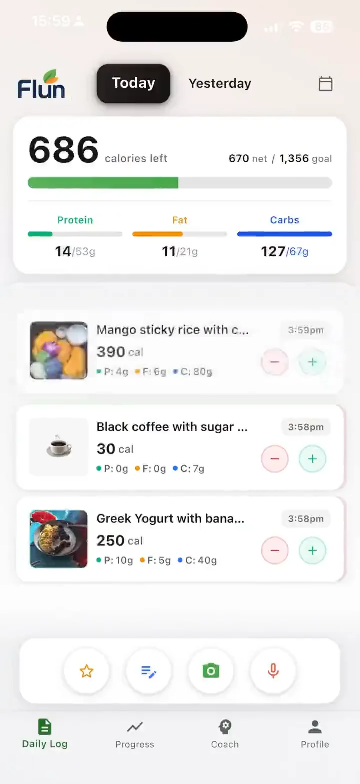 Flun's Daily Log with the mango sticky rice logged at 390 calories, 4 g protein, 6 g fat and 80 g carbs, and 686 calories left for the day
