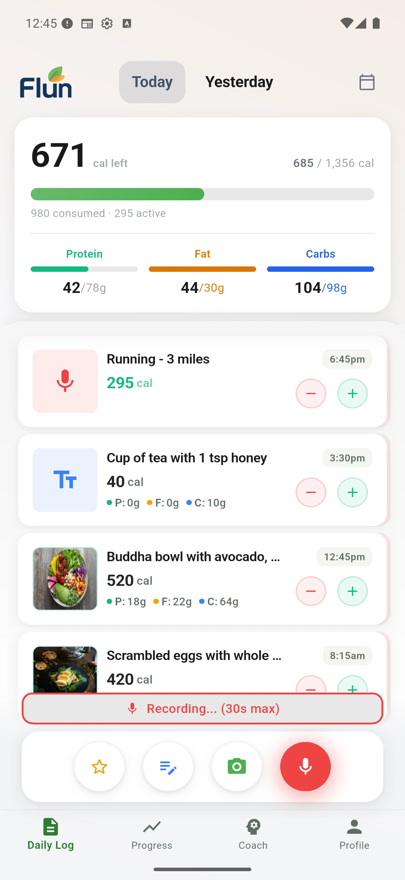 Flun logging a meal by voice, with text and photo modes also available